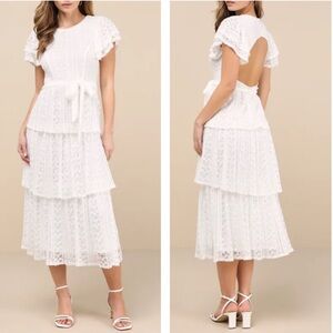 Lulus Whimsical Spirit Ivory Lace Tiered Ruffle Backless Midi Dress XL New